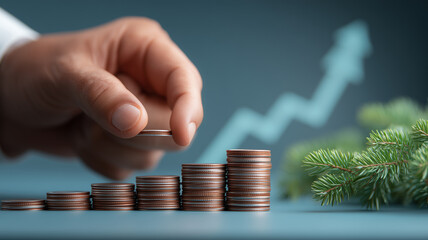 Hand stacking coins beside evergreen branch and upward arrow illustrating disciplined saving and eco conscious financial growth toward secure long term goals.
