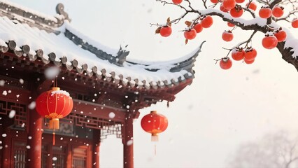 Traditional building with snow and red lanterns
