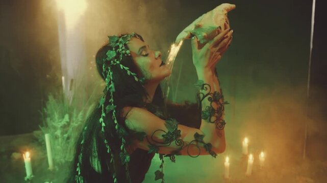 Beauty portrait river nymph fantasy woman holding large sea shell in hands pouring fresh water on face, night dark lake fog magic light. Fairy sexy elf girl art creative makeup black lips green eyes
