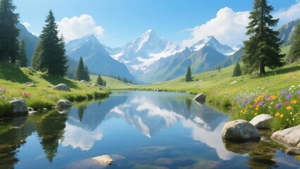 Mountain lake with wildflowers and pine trees