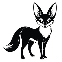 Elegant Black and White Illustration of a Fox with Large Ears and Alert Expression Standing Proudly on a White Background