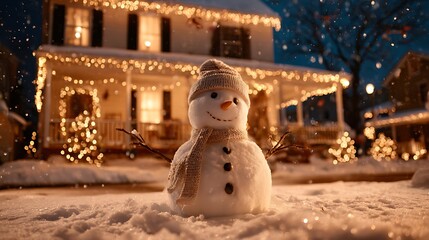 Snowman in snow front of decorated house glowing lights winter cozy festive night