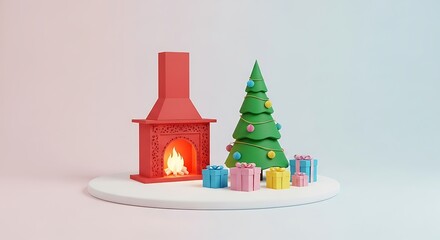Charming Christmas Scene with Fireplace Tree and Gifts Rendered in 3D a Festive Holiday Celebration for Seasonal Greetings