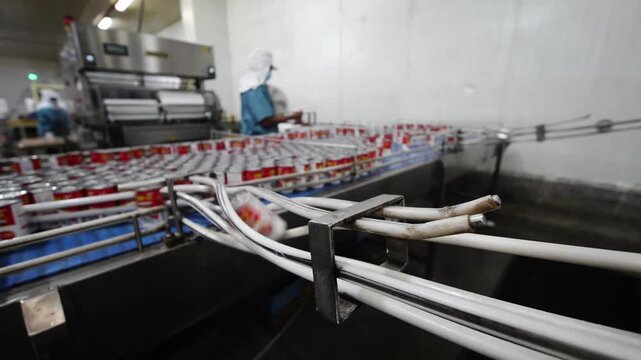 Automated Production Line: Canned goods move along a high-speed conveyor belt in a modern food processing facility, overseen by a worker in a hygienic environment.