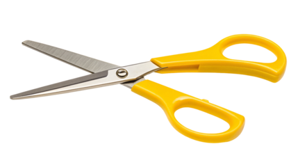 Yellow handled scissors isolated for crafting or school. Essential tool for cutting and design use.