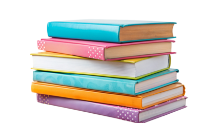 Stack of colorful hardcover books isolated on white background for educational or decorative use