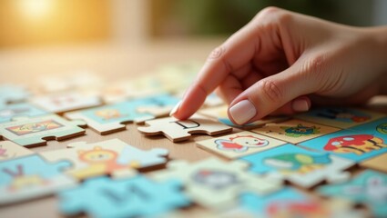 Fototapeta premium Hands Assembling Colorful Educational Puzzle Pieces – Learning and Development Concept