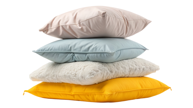 Four stylish decorative pillows in assorted colors for modern home interior design and cozy comfort
