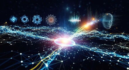 Digital network connection visualization for data flow. Artificial intelligence processing information. Technology concept background backdrop.