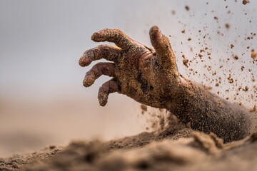 Fototapeta premium Close-up of a hand emerging from sand, highlighting skin texture, dust particles, and dynamic movement, with a blurred background emphasizing powerful action
