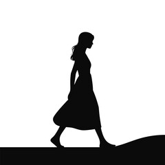 Silhouette of a Woman Walking Calmly in a Long Dress Against a White Background