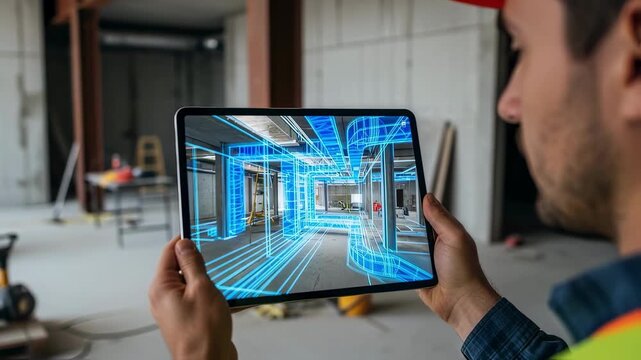 Engineer examines a tablet showing an ARenhanced BIM model with hidden HVAC ductwork mapped out facilitating accurate alignment during a renovation project.