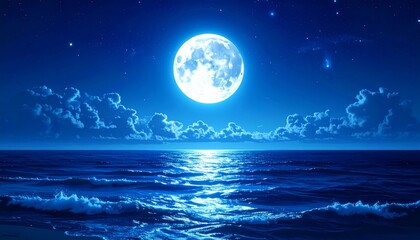 A breathtaking seascape at night, moonlit ocean under a starry sky with clouds