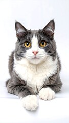 Gray and white cat, alert gaze