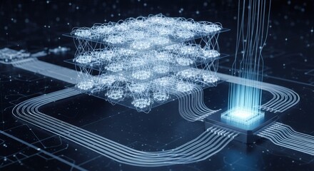 Artificial intelligence machine learning concept showing a central processing unit and a network diagram