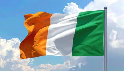 Orange, white, green tricolor flag waving against a blue sky filled with fluffy white clouds