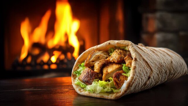 shawarma with chicken and lettuce wrapped in pita bread