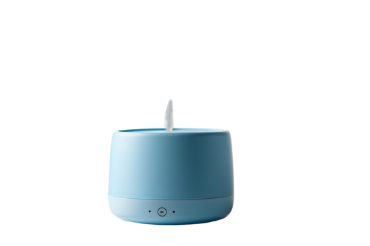 Modern blue ultrasonic air humidifier for home moisture and health benefits on a black backdrop