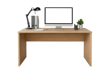 Modern Wooden Desk with Computer Monitor Lamp and Plant office isolated on a transparent background