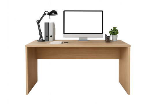 Modern Wooden Desk with Computer Monitor Lamp and Plant office isolated on a transparent background - Powered by Adobe