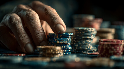 close up poker scene showing gambler placing chips on table high stakes game strategy and luck in casino environment for professional card players