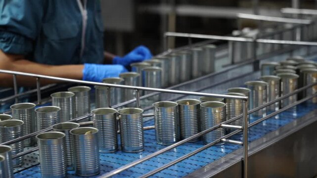 Canned Goods Production Line: Close-up view of a food processing plant's automated conveyor belt with rows of silver tin cans moving along, a worker in the background overseeing the operation.