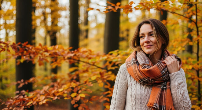 Autumn walk, woman in scarf amid golden trees. Woman in autumn colors, enjoying nature and beautiful autumnal atmosphere, ideal for seasonal marketing. Autumn walk for her emotional well-being,