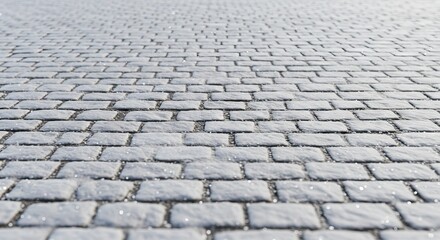Gray cobblestone pavement stretches into the distance lightly speckled with gleaming particles