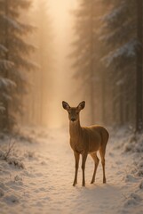 Deer standing in snowy winter forest at sunrise
