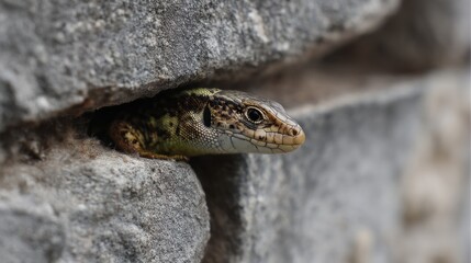 Naklejka premium Lizard peeking from stone crevice