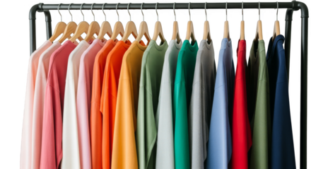 Colorful garments hanging uniformly on rod