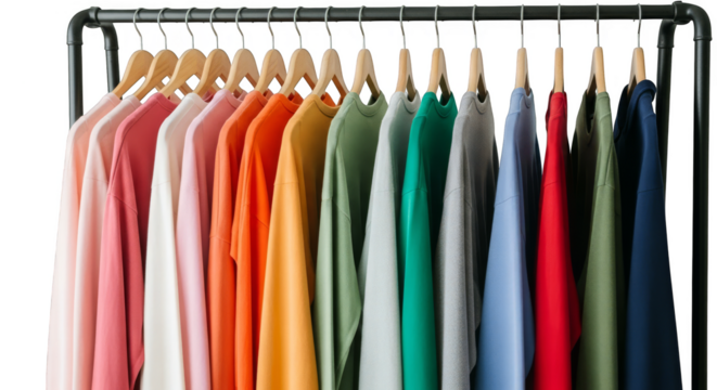 Colorful garments hanging uniformly on rod
