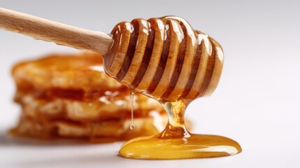 Honey Dripping from Wooden Dipper on Pancakes