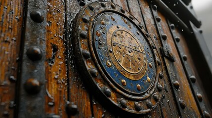 Fototapeta premium Railway insignia heritage train emblem PHI&EM shield badge on weathered locomotive side with warm sunset light vintage railroad transportation classic railroading