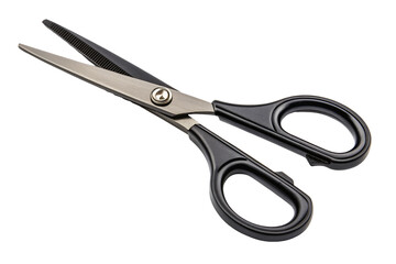 Sharp metal scissors with black handle for sewing and crafting isolated on a white background