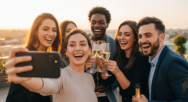 Capturing group of friends in selfie with glasses of champagne, group of friends celebrating at party taking self portrait with smartphone, and smiling and laughing together. - Powered by Adobe
