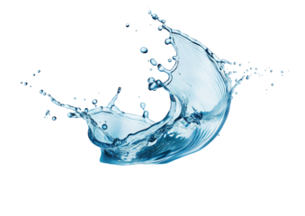 Dynamic water splash with blue transparent liquid forming creative shapes in motion on black background