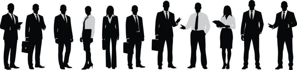 Business professionals silhouettes in formal attire with briefcases and devices, representing teamwork, corporate communication, leadership, and workplace diversity for design projects