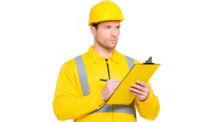 Construction worker wearing yellow safety helmet and reflective jacket holding clipboard, writing notes, focused expression, isolated on transparency background