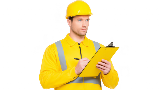 Construction worker wearing yellow safety helmet and reflective jacket holding clipboard, writing notes, focused expression, isolated on transparency background