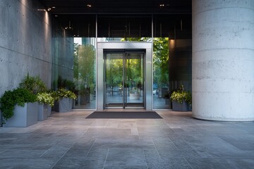 Naklejka premium Contemporary Urban Architecture with Glass Door Entrance, Aluminum Profile Frame, Floor Tiles, and Decorative Plants