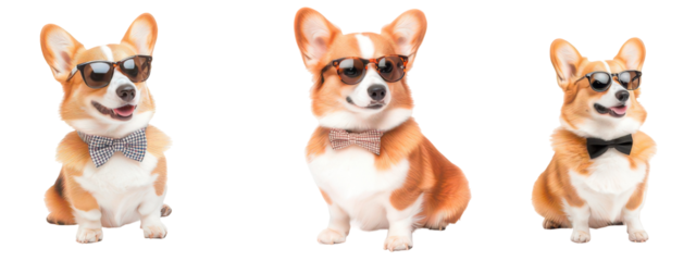 Three stylish corgi dogs wearing sunglasses and bow ties.