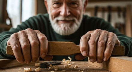 Carpenter meticulously inspecting a woodworking project, focused on ensuring a precise finish.Concept of craftsmanship and attention to detail.