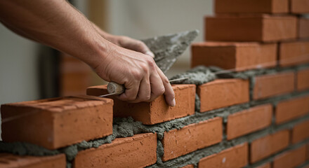 Bricklayer applying a fresh layer of mortar to a brick wall with a trowel.Concept of traditional masonry and construction craftsmanship.