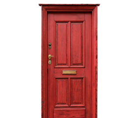Classic red wooden door with elegant design and brass details on a dark background for home decor
