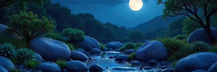 Serene Moonlight Scene Smooth Rocks and Shadowy Plants in a Tranquil Nighttime Landscape, Perfect for Relaxation and Sleep Themes