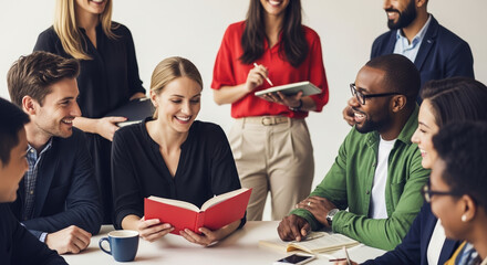 Brainstorming session underway with diverse group of people, innovative ideas being shared in dynamic office setting. Brainstorming showing the group working together on complex problems.