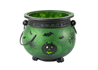 Halloween green cauldron with bats and spider web designs for spooky holiday decoration ideas