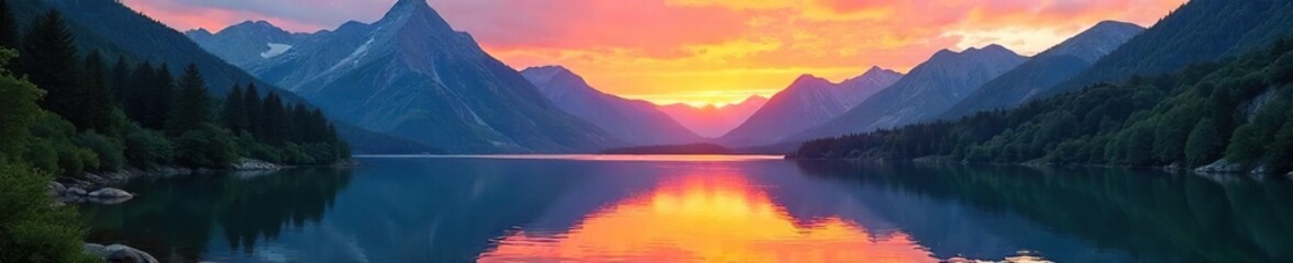 Serene mountain lake reflecting a vibrant sunset, surrounded by lush green forests and towering peaks A tranquil scene of untouched natural beauty , sunset, landscape, peak