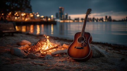 Guitar resting near a campfire on the beach at sunset with city skyline in the background